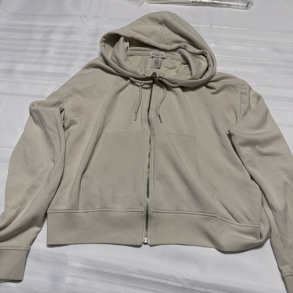 Fit Were Me Womens Beige Full Zip Modal Blend Cropped Hoodie Sweatshirt Large